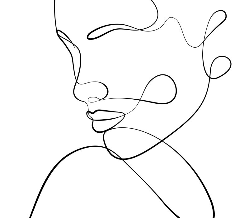 A happy woman. One line drawing the face and hair. Abstract female portrait. The modern art of minimalism.
