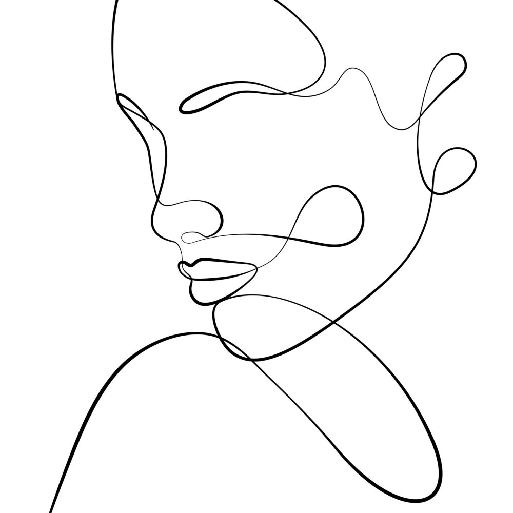A happy woman. One line drawing the face and hair. Abstract female portrait. The modern art of minimalism.